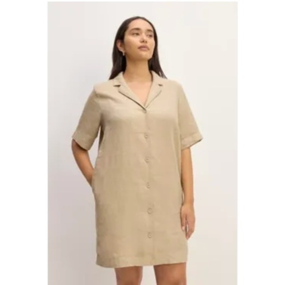 Everlane Linen Workwear Dress Tan Button Front Mini Dress‎ Short Sleeve Medium